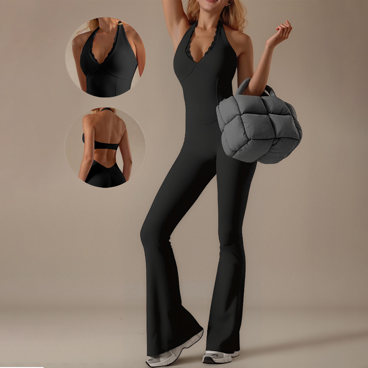 K New Solid Color V-neck Lace Edge Hanging Neck Yoga Sports Jumpsuit Flared Pants Tight Fitting_ecoleips.com