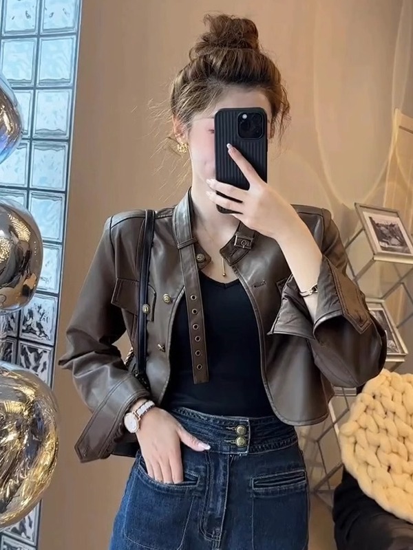 2025秋冬新款立领皮衣短外套女宽松显瘦设计感小众机车风夹克上衣|undefined