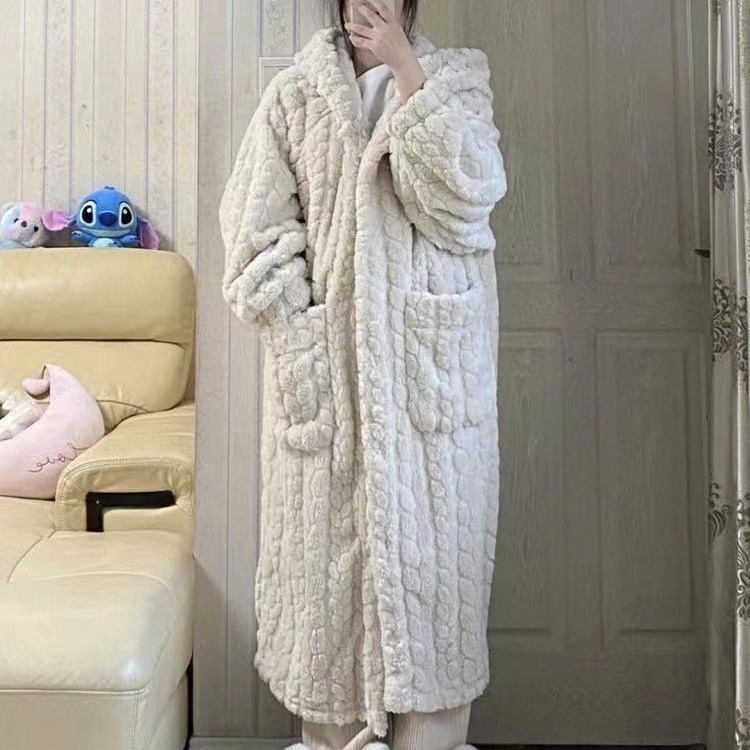 Pijama de invierno de mujer de lana gruesa simple encapuchado de color sólido pijama casero vestido de rodilla larga al por mayor