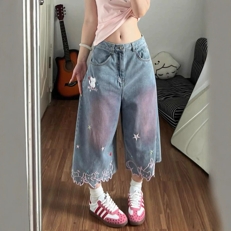 2026 Super Stylish Women's Summer Jeans with Star and Fun Kitten Embroidery, Unique Wide-Leg Cropped Pants 2026 Super Stylish Women's Summer Jeans with Star and Fun Kitten Embroidery, Unique Wide-Leg Cropped Pants