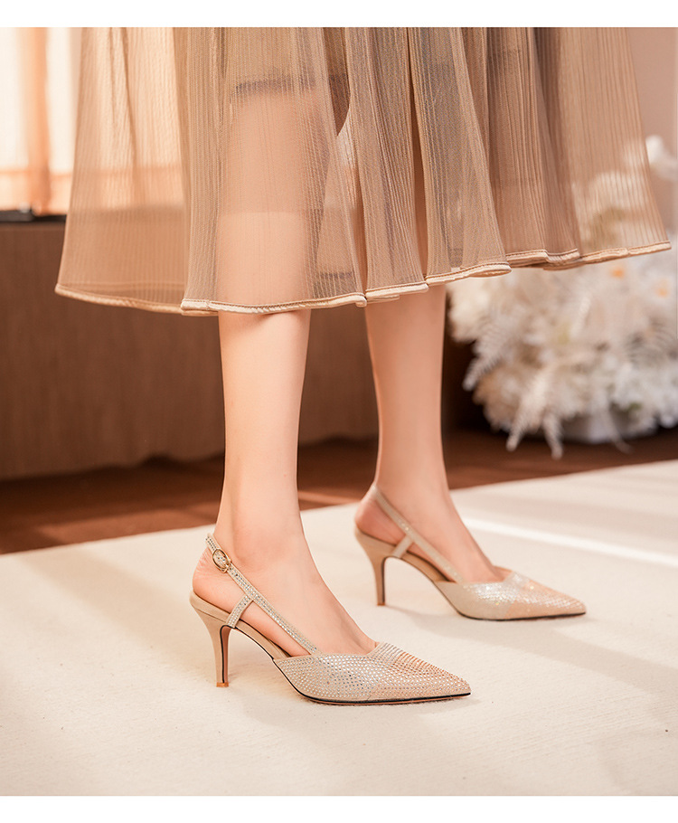 7755-6 Rhinestone Studded Open Back Sandals With Heel Cover, Shiny High Heels, Thin Heels For Commuting, Professional,_voghion.com