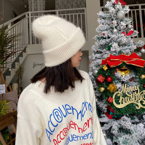 [Rabbit fur] White woolen hat for women, trendy Korean ins trendy autumn and winter style cold hat, warm pullover knitted hat