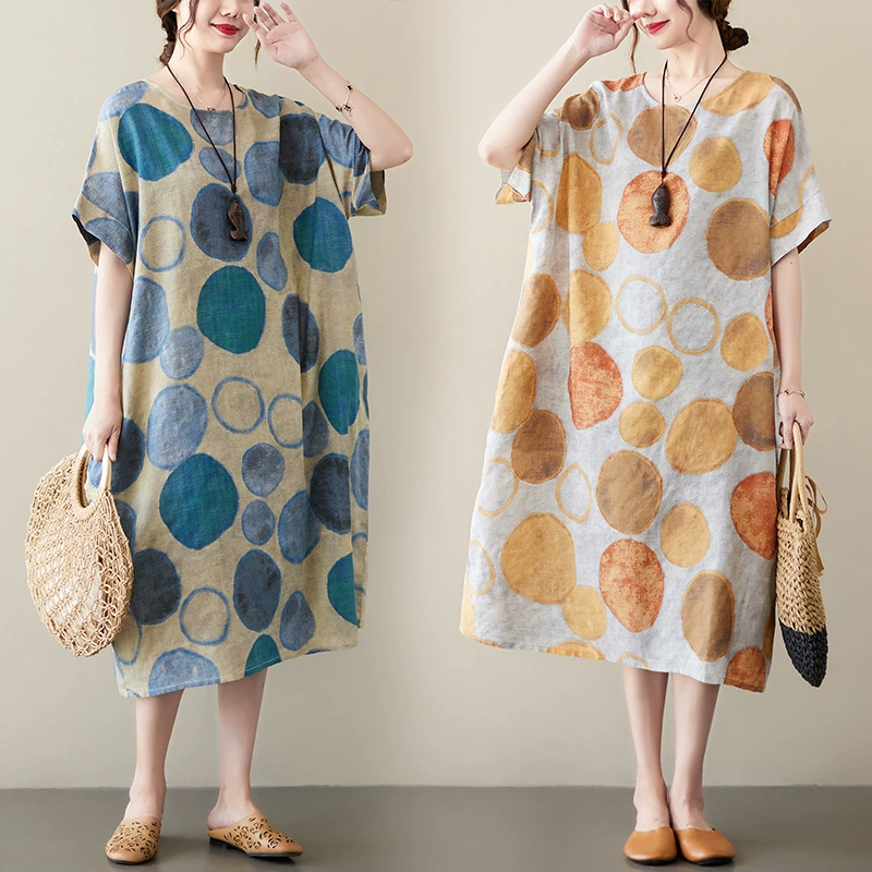 Летнее ретро длинное платье, oversize, плюс сайз, хлопок и лен, средней длины
