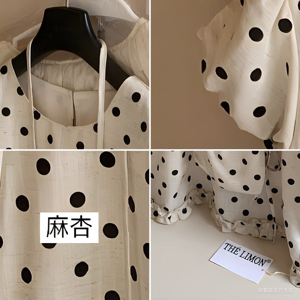 Đầm maxi nữ chất liệu tencel linen chấm bi tay bồng cổ điển — Gai mè chi tiết 10