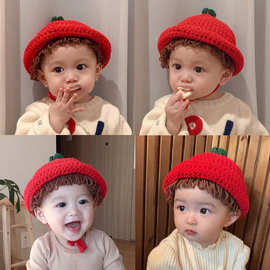 ins冬季新款韩国婴儿可爱假发毛线小红帽子男女宝宝保暖外出盆帽