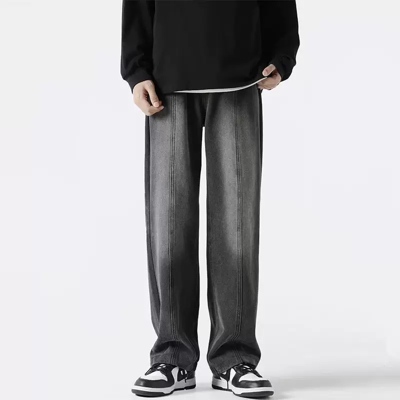 拼接牛仔裤男士春春秋季潮牌宽松美式高街直筒阔腿运动休闲长裤子