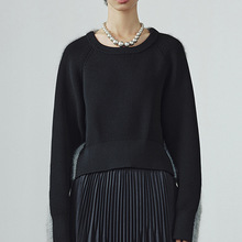 25秋季新款宽松简约拼接撞色针织衫毛衣圆领设计感长袖内搭上衣女