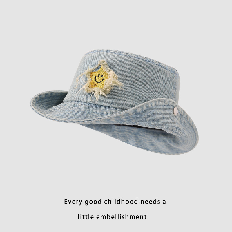 Los vaqueros occidentales personalidad de los niños flanged sombrero pescador primavera y otoño estrellas vaqueros sombrero de camping sombrero de montaña