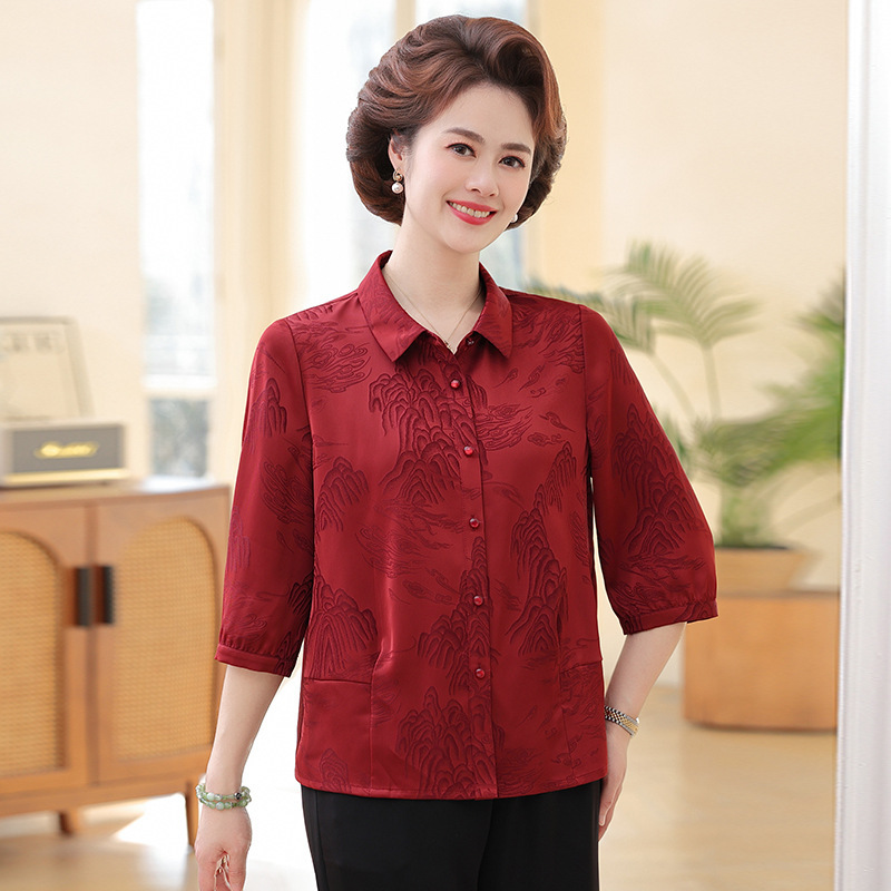 May Day Hi Mother-in-law Wedding Banquet Mother's Summer Silk Dress Plus Size Large Size Middle-aged and Elderly Women's Lel Collar Shirt Top