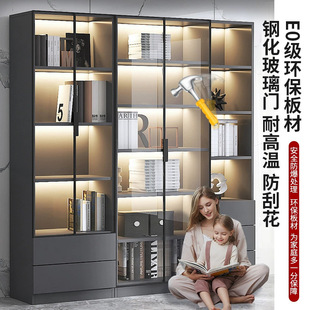 Bookcase with Glass Door Display Wine Cabinet Light Luxury Home Living Room Integrated Cabinet Whole Wall Storage Cabinet Living Room Solid Wood Bookcase