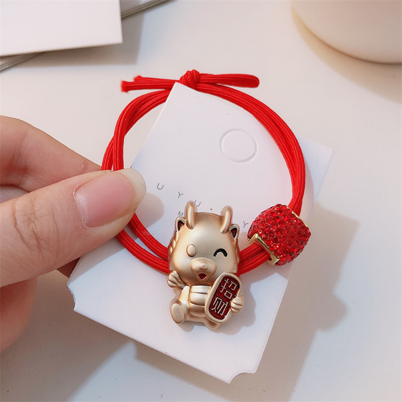 Año del Dragón Zodiaco de alta sensación metal rojo Año Nuevo anillo de cabello de alta altura cuerda elástica cuerda de cabello festiva adornos para el cabello