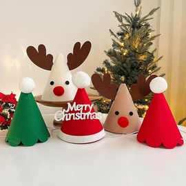 圣诞帽子圣诞节派对拍照道具幼儿园儿童可爱麋鹿头饰毛毡帽绢花
