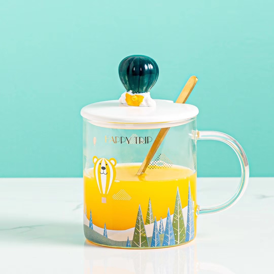 Ins globo de aire caliente personalizado tridimensional transparente vidrio con tapa Cuchara regalo Nordic taza publicidad verano taza de agua