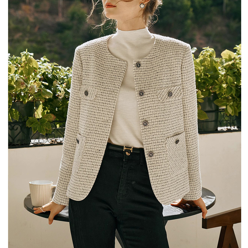 Women's New Autumn and Winter Style Small Fragrant Style Round Neck Long-Sleeved Woolen Outwear High-End French Style Elegant Top