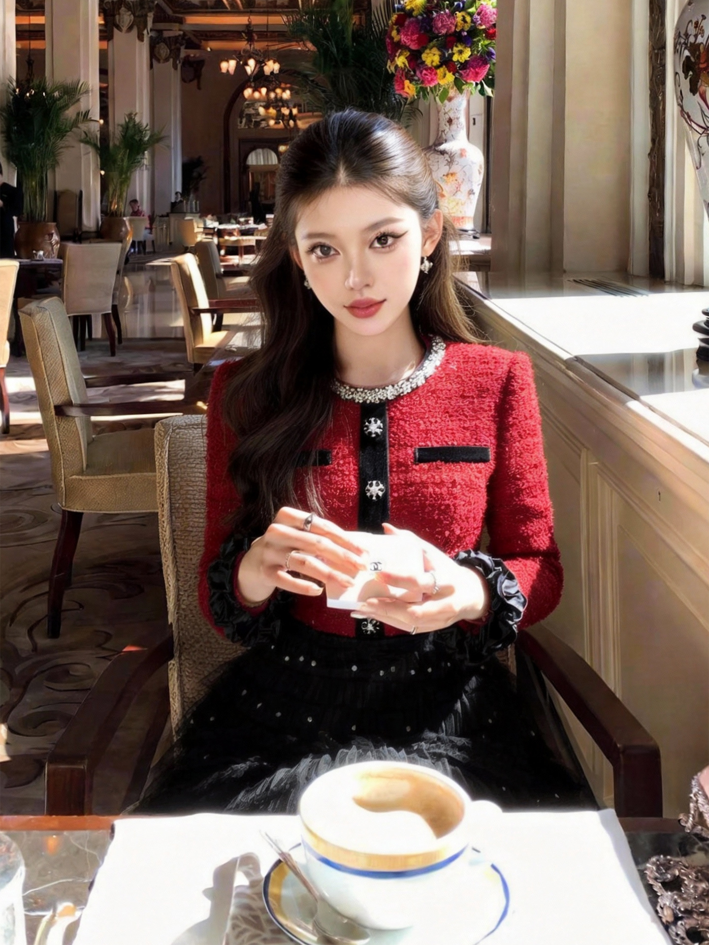 Đầm maxi nữ thắt eo phong cách tiểu thư, tay lỡ phối lưới voan xòe nhẹ — Đen đỏ