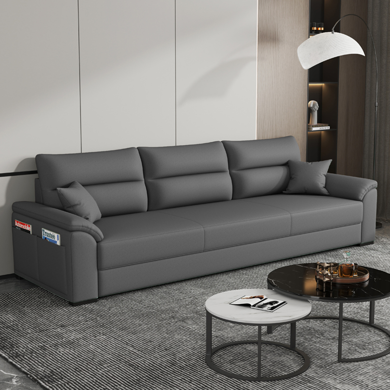 Three-Seater Cat Scratch-Resistant Leather Sofa for Living Room, Small Apartment Rental, Chaise Longue for Multiple People + Footrest, Tech Fabric