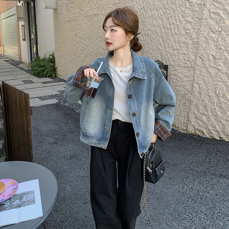 实拍蓝色复古高级感格纹拼接牛仔外套女2025春新款小个子休闲夹克|undefined
