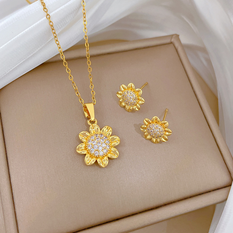Sonnenblumen-Set: Elegantes, leichtes und luxuriöses Set mit wunderschöner Diamantkette für Damen. Vielseitig einsetzbar, mit Titanstahlkette._voghion.com