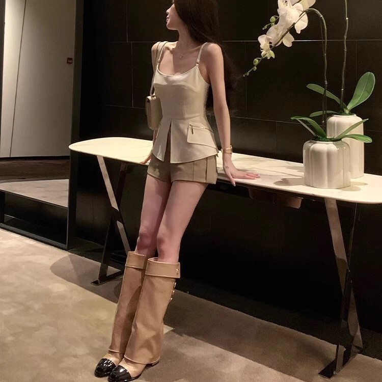 羊皮版~山茶花真皮粗跟骑士靴长靴女小香风高跟裤管长筒靴高筒靴|undefined