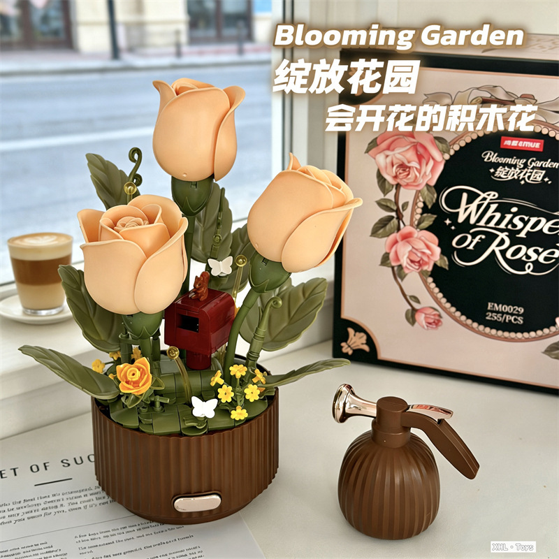 Children's Building Blocks, Everlasting Flower Blooming Garden, Electric Assembly Building Blocks, Rose Flower Small Particle Building Block Toy Gift