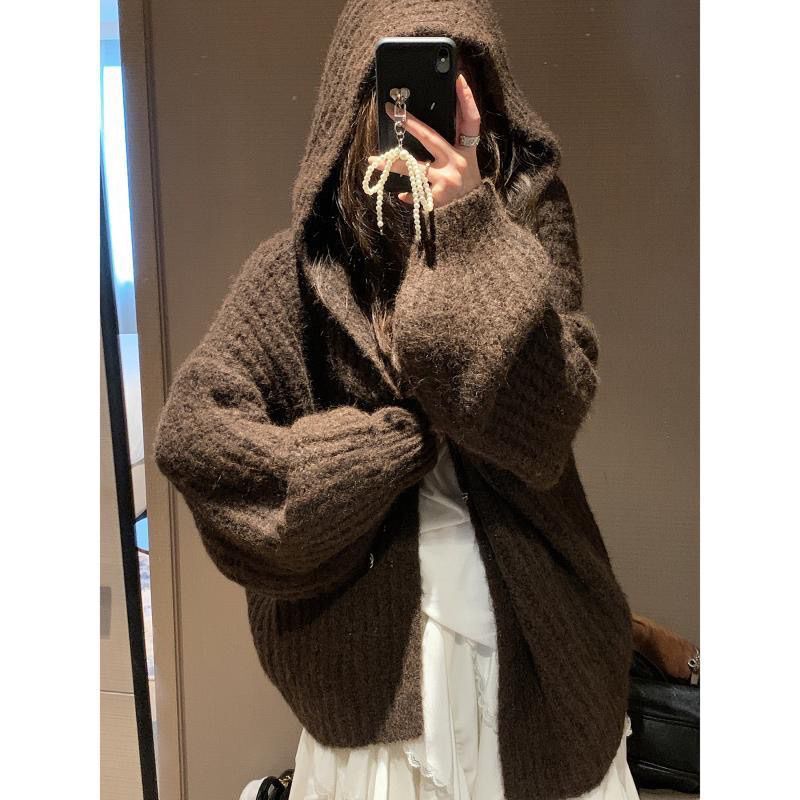 ZLA 灯笼袖连帽毛衣外套女秋冬新款宽松显瘦慵懒加厚针织开衫女|undefined