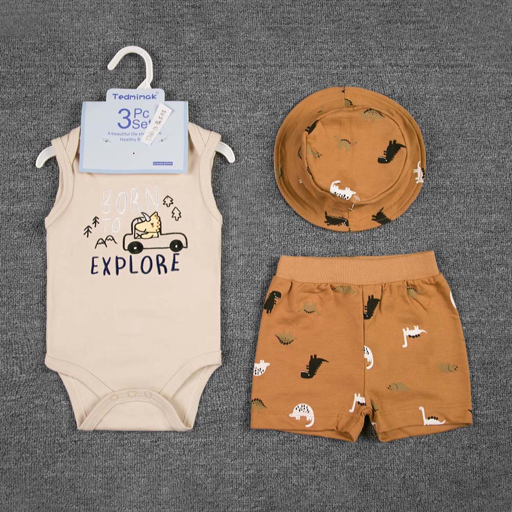 Comercio exterior chaleco de bebé de verano para hombres y mujeres con tres piezas con sombrero, ropa de trepa, ropa de bebé de verano delgada