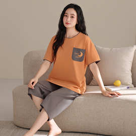 纯棉女士短袖七分裤套头睡衣休闲妈妈妇女全棉可外穿短袖家居服夏