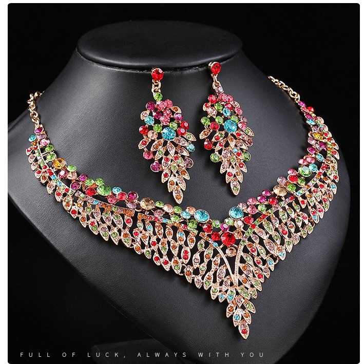 Alloy clavicle chain, exaggerated necklace, earring set, female palace temperament, colorful leaves_voghion.com