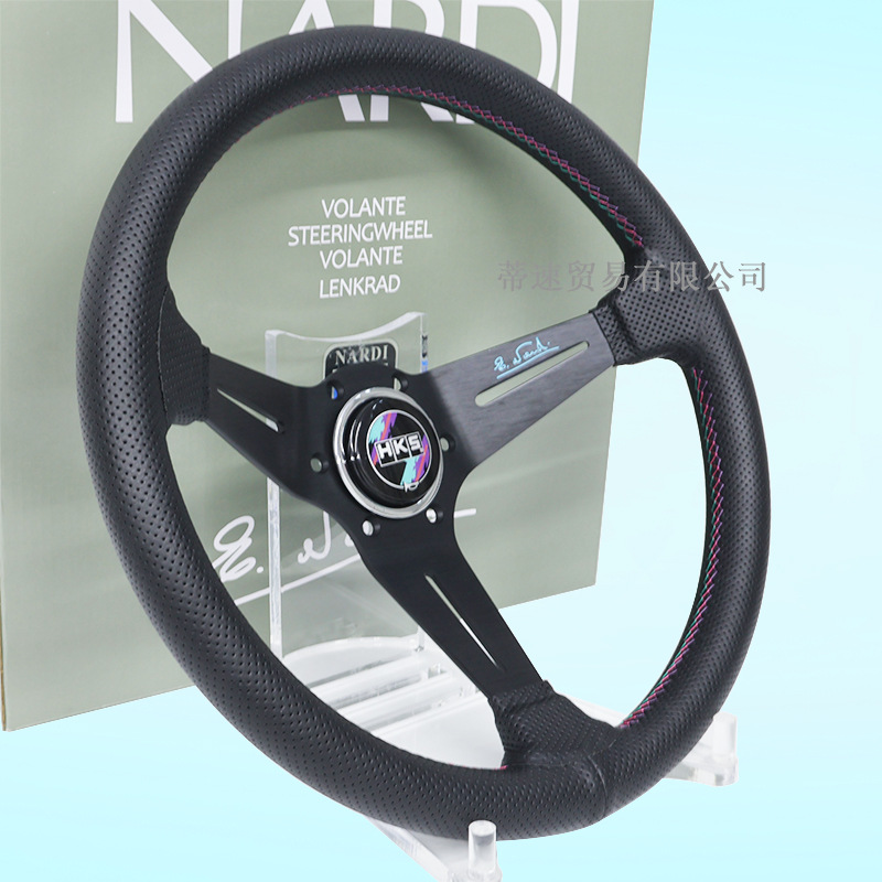 Cross-Border Best-Selling Hks Classic Quick-Release Steering Wheel, Large Concave 14-Inch 350mm Three-Color Stitching Genuine Leather Racing Steering Wheel
