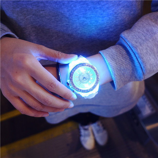Luminous luminous personality rhinestone led Harajuku Korean fashion trend men and women students couple jelly quartz watch_voghion.com