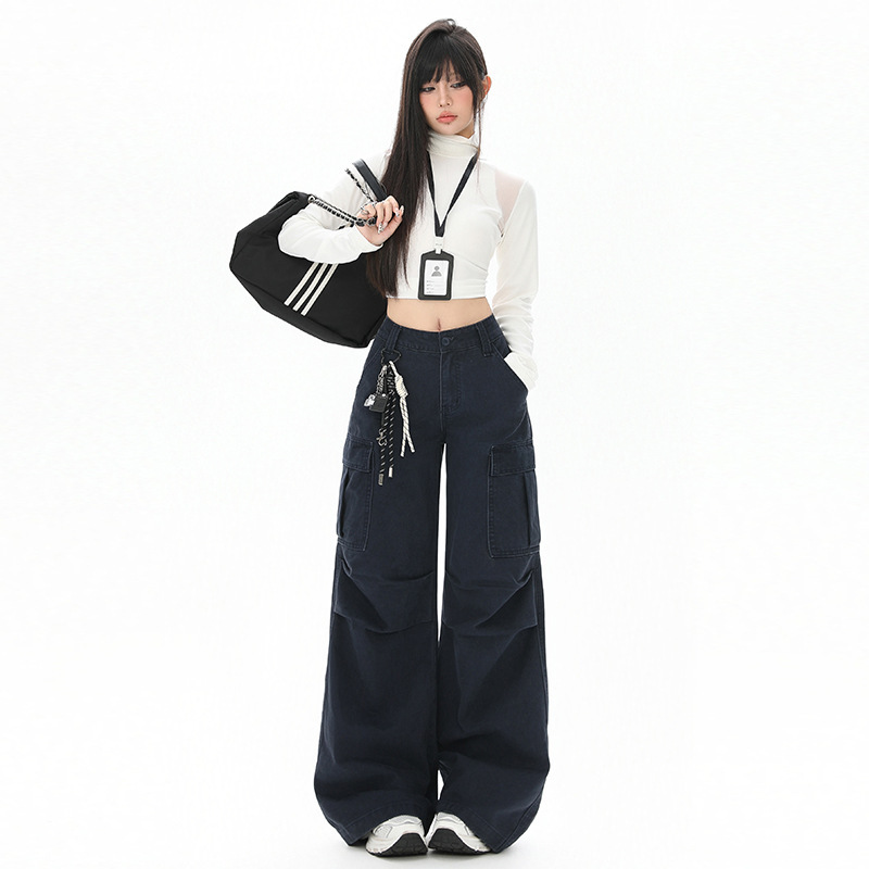 藏青色美式中低腰休闲工装阔腿牛仔裤女2025秋季新款宽松直筒裤子|undefined