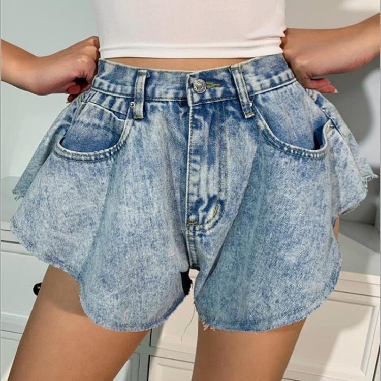 Cross-Border Supply Xintang Jeans Wide-Leg Pants Washed Cut Denim Shorts Versatile High-Waisted Ruffled Flared Pants