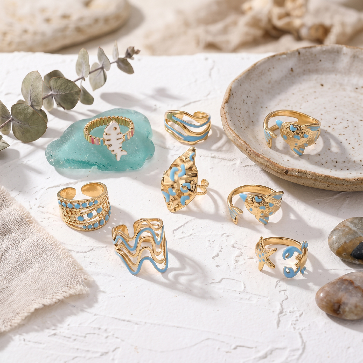 TENA Europa y América nicho de acero inoxidable transfronterizo diseño fresco azul goteo marino serie de anillo de joyería de mano de alta calidad