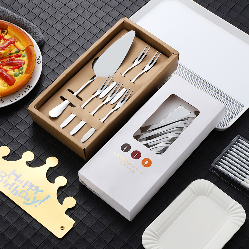 Transfronteriza pastel de acero inoxidable pala cuchillo de pan postre cuchara de cumpleaños decoración pastel cuchillo tenedor placa caja de regalo al por mayor traje
