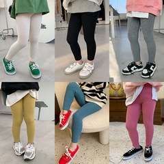 New stylish Korean-style solid-color stretch ribbed leggings for kids—slim-fit, ankle-length spring collection designed for girls and toddlers.