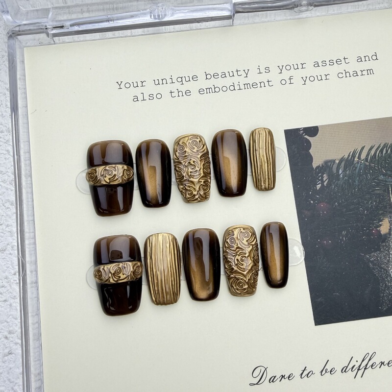 [Bounty Hunter] Purely Handmade Whitening Manicure, Caramel Smudged Stereo Pinch, Retro High-End Wearable Manicure