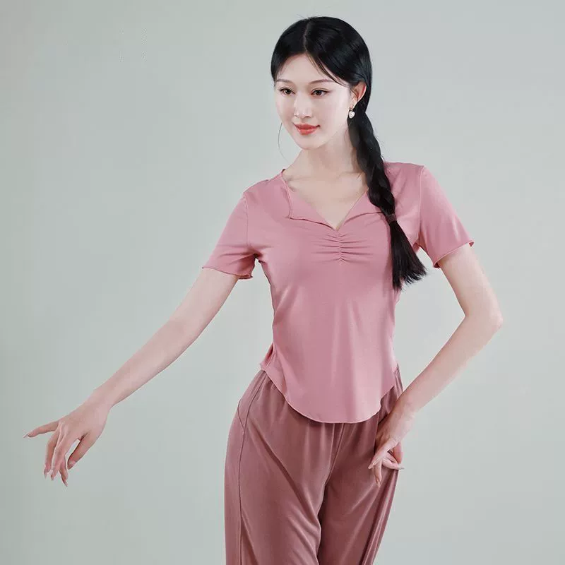 Одежда для занятий классическим танцем, летняя одежда для танцев для взрослых с короткими рукавами и v-образным вырезом, современная одежда для учителей танцев, топы, танцевальная одежда