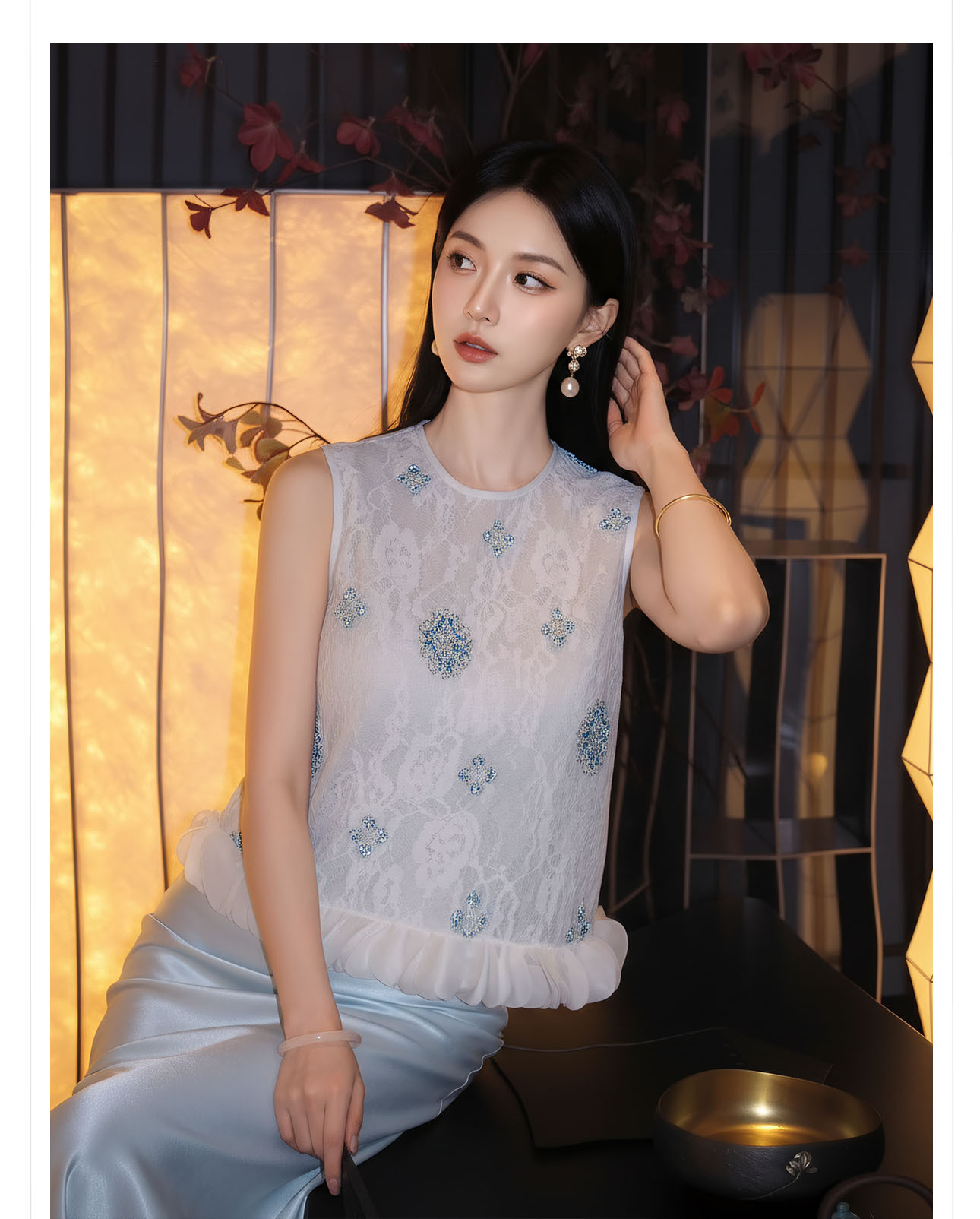 Bộ áo gile đính cườm thêu hoa cách tân + chân váy trơn thanh lịch nữ — bộ đồ, Trang chủ, Màu xanh nửa váy chi tiết 4