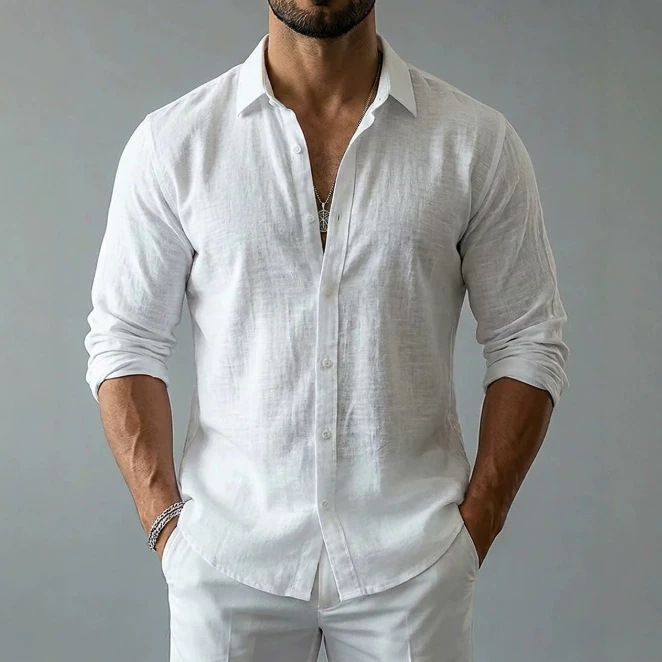 Men's Solid Color Cotton and Linen Long-Sleeved Shirt, Men's Spring and Autumn Breathable Lapel Casual Cardigan, Retro Wrinkled Texture Shirt for Men