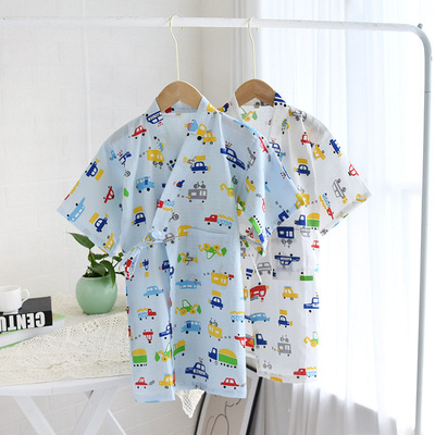 儿童睡袍日式和服棉质卡通小汽车图案夏季薄款家居睡衣男女童
