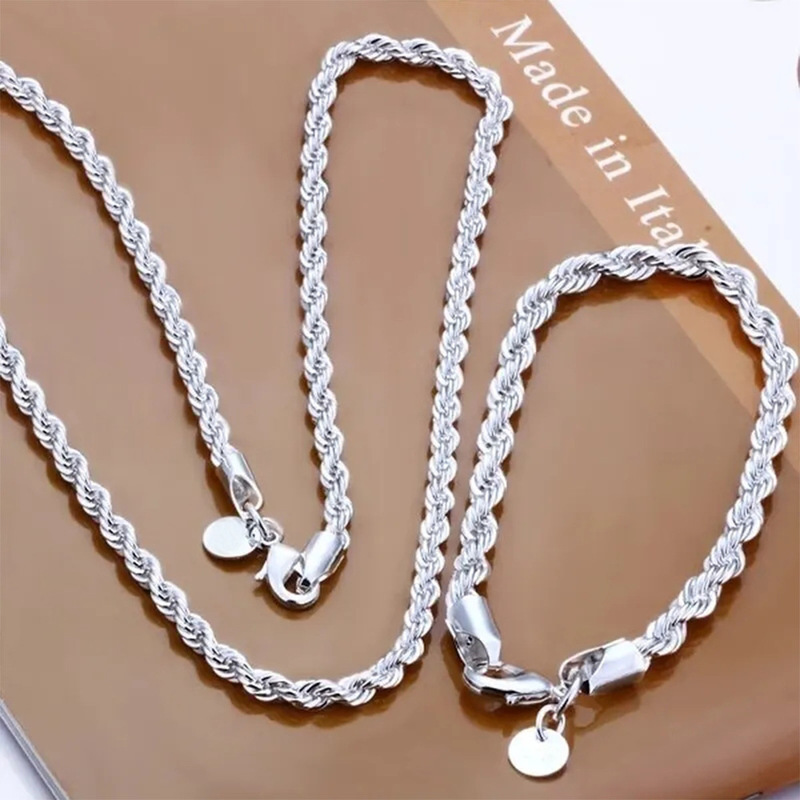 Silver 4mm Chain Men's Twisted Rope Necklace Bracelet Fashion Women's Men's Silver Twist Necklace High Quality Jewelry Set Silver 4mm Chain Men's Twisted Rope Necklace Bracelet Fashion Women's Men's Silver Twist Necklace High Quality Jewelry Set