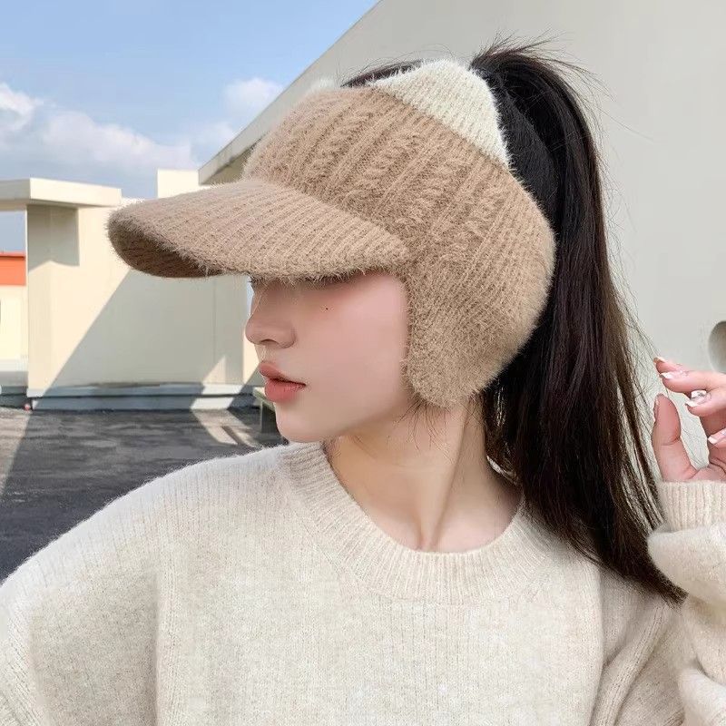 Korean hat with a high ponytail autumn and winter women's empty cap plus wool thickened warm knit woolen hat