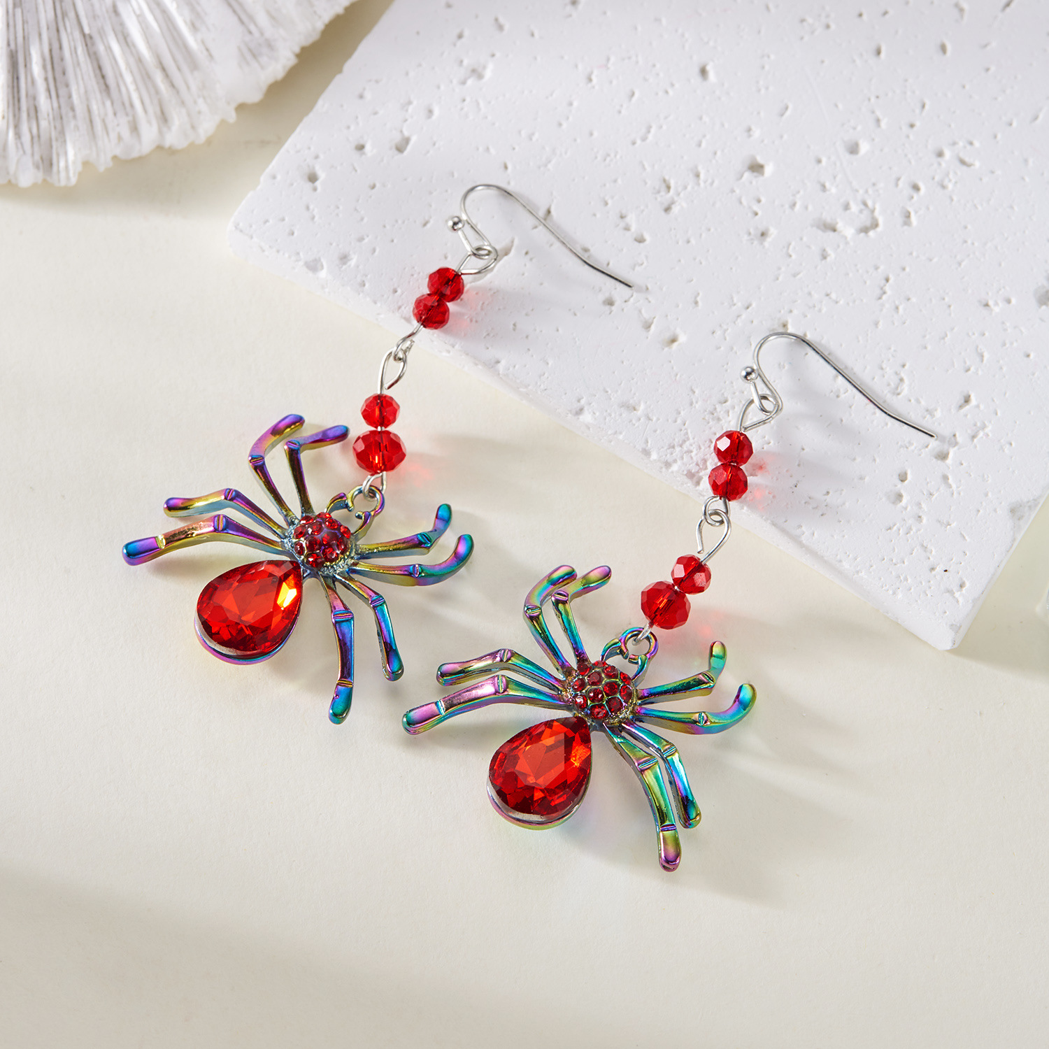 Subtle exaggerated Halloween diamond studded spide, punk style, versatile, colorful and quirky tassel earrings_voghion.com