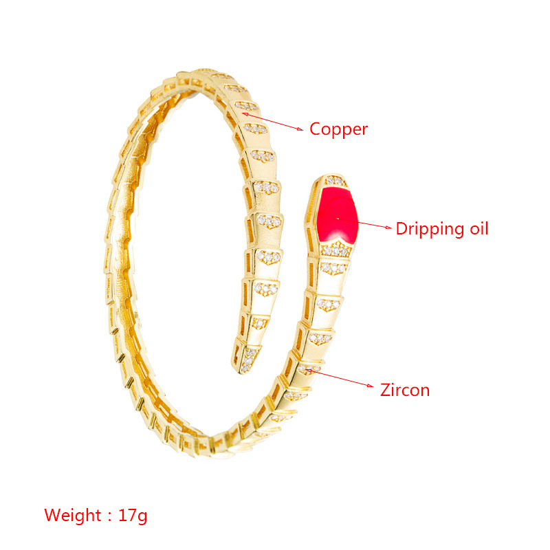 Exaggerated Retro Color Dripping Oil Snake-shaped Copper-plated Real Gold Micro-inlaid Zircon Open Bracelet display picture 1
