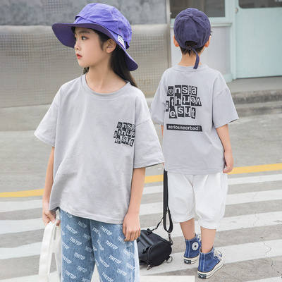 女童夏季短袖T恤新款2022时尚字母印花洋气韩国童装圆领上衣批发