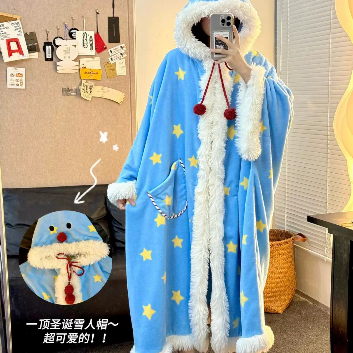 秋冬款可爱圣诞星星雪人长袖睡袍法兰绒加厚卡通可外穿家居服睡袍