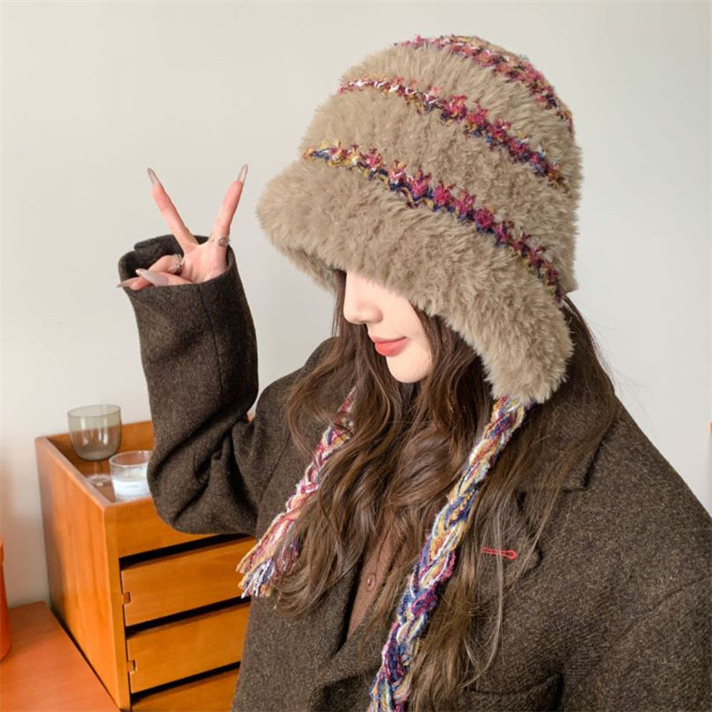 furry mixed color stripe knitted plush bonnet women‘s autumn and winter tassel wild hat big head circumference cold-proof snow hat