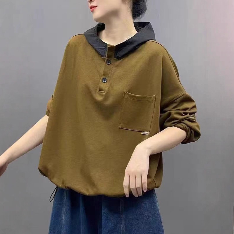 新品文艺简约韩系半开门襟抽绳摆百搭休闲撞色连帽套头卫衣|undefined