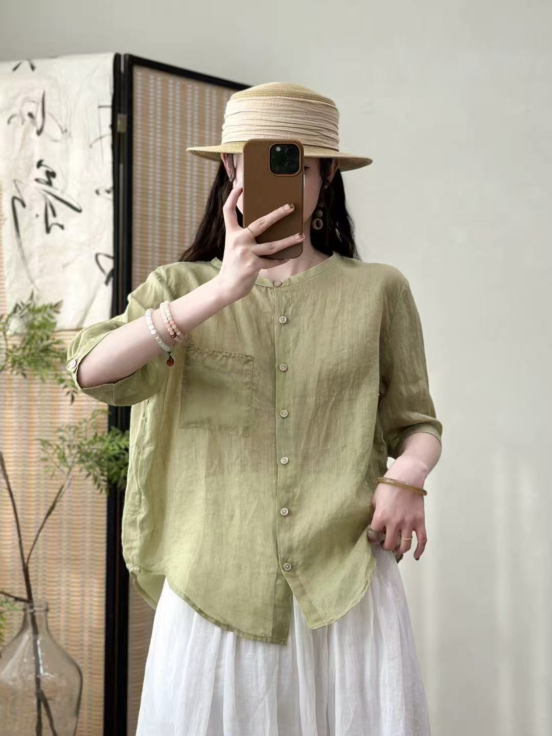 summer retro solid color thin shirt