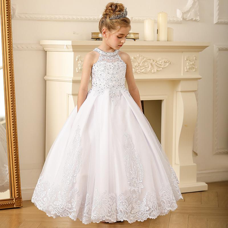 Foreign Trade Amazon Children's Eucharist Dress Bow Embroidered Tail Long Dress Backless Lace Princess Dress Long Dress Sleeveless